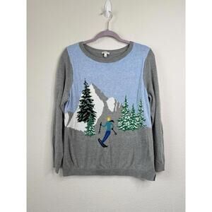 Talbots Women’s Sweater L Ski Scene Intarsia Knit Mountain Winter Pullover Artsy